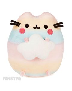 Cuddle this super soft and squishy rainbow coloured Pusheen plush holding a cloud!