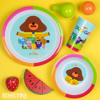 Mealtime set with plate, bowl, tumbler and wooden play fruit
