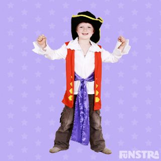 Tickle everything that moves and everything you see in the Captain Feathersword costume with hat, shirt, pants and sash