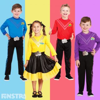 Wiggles outfits in blue, yellow, red and purple!