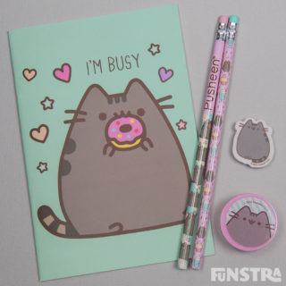 Pusheen puts her paw prints on your stationery with a cute illustrated range, featuring notebook, pencils, highlighters, ball point pen, pencil sharpener and more in a clear zipped bag as a pencil case.