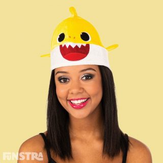 Anyone can dress up as Baby Shark with this unisex hat that will fit most adults. The yellow Baby Shark plush beanie style hat features felt teeth and eyes with 3D mini fins attached at the sides and mini dorsal fin on top.