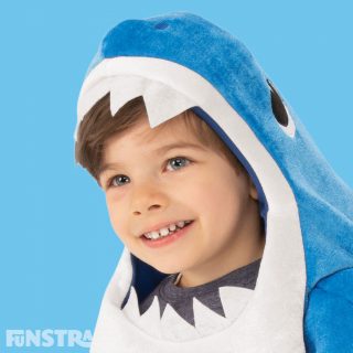 The Daddy Shark outfit consists of a plush romper jumpsuit with cut-out hole for face and felt teeth and will be a popular costume as this musical Daddy Shark costume plays the Baby Shark song.