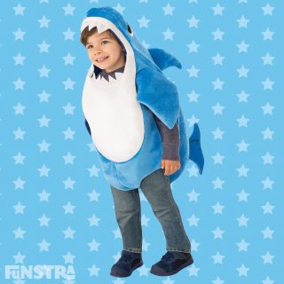 The Daddy Shark costume comes complete with the famous song plus a dorsal fin, made from blue and white plush polyester fabric.