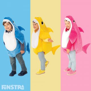 Baby Shark costumes for girls and boys in toddler and child sizes, feature a romper with sound box.