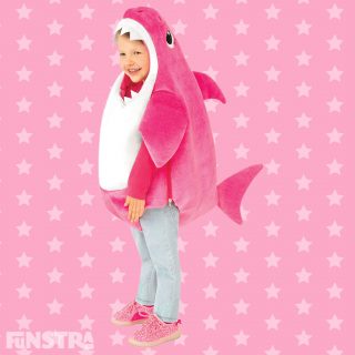 The Mummy Shark costume comes complete with the famous song plus a dorsal fin, made from pink and white plush polyester fabric.