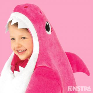 The Mummy Shark outfit consists of a plush romper jumpsuit with cut-out hole for face and felt teeth and will be a popular costume as this musical Mummy Shark costume plays the Baby Shark song.