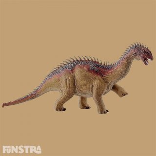 The Barapasaurus was one of the first large herbivores 200-182 million years ago. Although the dinosaurs were rather small at this time, it reached a length of about 14 meters. The Barapasaurus not only had a very long neck, but its thigh bones also measured up to 1.7 metres. This gave it the name 'big-legged lizard'. Due to its body size and energy requirements, the herbivore had to eat several hundred kilograms of food on a daily basis. It therefore used its teeth like a rake to gather leaves from the trees. Because it was not able to chew particularly well with its spoon-shaped teeth, it simply swallowed everything that came between its teeth, whole.
