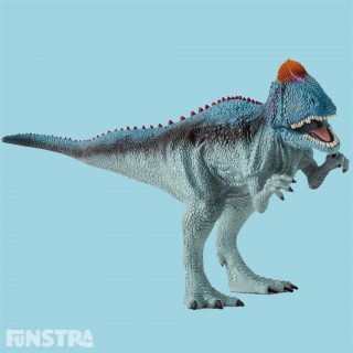 The Cryolophosaurus dinosaur has a forward-facing bony crest on its head.
When the cryolophosaurus opens its movable jaw you can see its dangerous teeth! In the Early Jurassic epoch it was the largest carnivorous dinosaur and is the first dinosaur whose fossils were found in Antarctica. When it roamed the earth this part of the earth was not yet covered in ice. Instead it was covered with forests, though in the winter months temperatures dropped to under zero, which was extremely cold for dinosaurs.