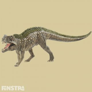 The postosuchus dinosaur lived at the time of the first dinosaurs and looked similar to a crocodile. The postosuchus was an archosaur and thus a close relative of modern crocodiles. It had strikingly ossified skin and a long, narrow snout. It usually moved on four legs. Sometimes it stood on its hind legs so that it could hold prey with its claws. When the postosuchus opens its powerful, movable jaw the sharp, dagger-like teeth become visible.