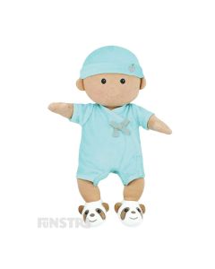 Apple Park's organic baby doll wears a mint green onesie, puppy dog bootie shoes, a hat and features beautifully embroidered eyes, nose, and smile and hand-painted rosy cheeks.