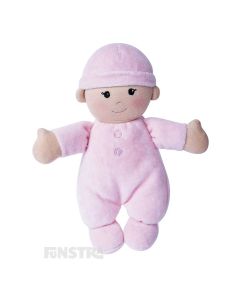 Apple Park's organic my first baby doll wears a pink onesie and bonnet and features beautifully embroidered eyes, nose, and smile and hand-painted rosy cheeks.