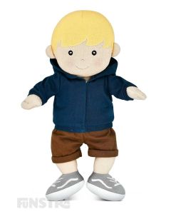Apple Park's organic boy toddler doll, Luke, wears a blue hoodie, brown shorts, grey and white shoes and features beautifully embroidered eyes, nose, and mouth and hand-painted rosy cheeks.