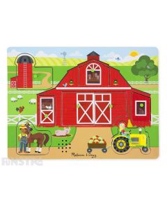 Hear the sounds from around the farm with this fun sound jigsaw puzzle from Melissa & Doug, featuring chickens, horses, milking a cow, tractor sounds and more.