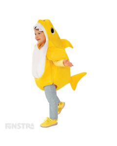 Dress up as Baby Shark with this yellow plush romper with fins of the Baby Shark character, that features a sound chip within the costume that plays the famous Baby Shark song.