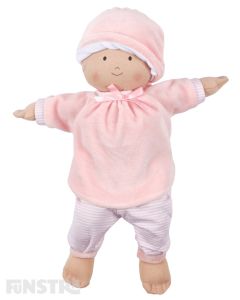 Sweet cherub baby doll with a soft cloth fabric body and wears a pink top and pants and pink bonnet.