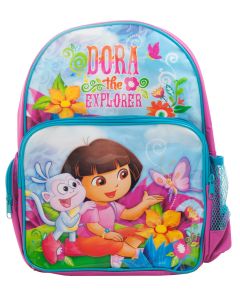 A Dora backpack featuring Boots the monkey exploring and little Dora together the butterflies and flowers.