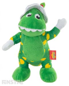 Dorothy is a friendly green dinosaur with yellow spots, wears a floppy hat and loves to eat roses... romp bomp a chomp!
