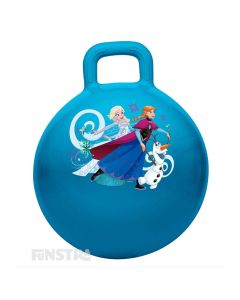Bounce around with Princess Anna of Arendelle, Elsa The Snow Queen and Olaf the snowman on this blue hopper ball featuring the Frozen characters surrounded by snowflakes.