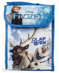 Disney Frozen lunch bag features reindeer Sven, snowman Olf and iceman Kristoff surrounded by snowflakes.