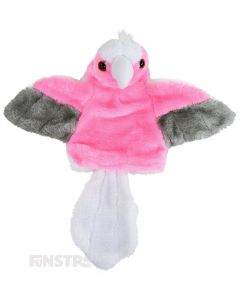 Soft and cuddly galah hand puppet with pink, grey and white fur.