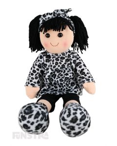 Bridget is a jazzy doll with a soft cloth body and black hair tied back in pigtails and wears black pants and a leopard skin printed top and a matching headband.