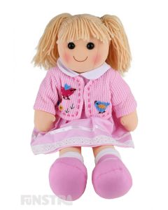 Daisy is a lovely doll with a soft cloth body and blonde hair tied in pigtails and wears a beautiful pink dress  and an embroidered jacket featuring little birds.