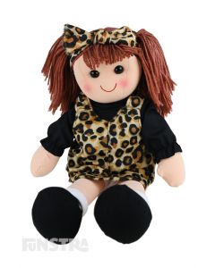 Frankie is a hip doll with a soft cloth body and brown hair tied back in pigtails and wears a black top under a brown and black leopard skin printed dress and a matching headband.