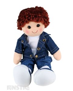 Rory is an smart boy doll with a soft cloth body and reddish-brown hair and wears denim jeans with a white tee shirt under his denim jacket.