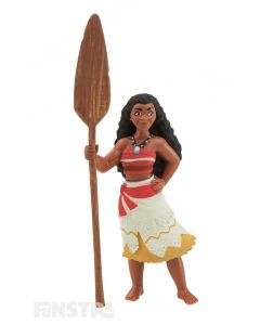 'I am Moana of Motunui. Aboard my boat, I will sail across the sea and restore the heart of Te Fiti.' Moana wears her signature costume with blue necklace and holds her magical oar.