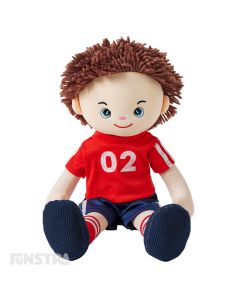 Alexander is a sporty boy rag doll with a with a soft cloth body and brown hair and outfit consists of a football jersey, sports shorts and loves to play football with his teammates.