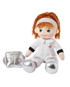 Astrid is an astronaut rag doll with a soft cloth body and auburn hair tied in a ponytail with white headband and wears a astronaut's uniform that consists of a white spacesuit with silver embellishments and loves to explore outer space and other planets.
