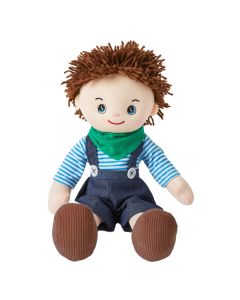 Tim is an adventurous boy rag doll with a soft cloth body and spikey brunette hair style and wears a blue overalls with a fun bandana and loves to play piano and code on his computer.