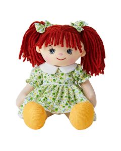 Willow is a super sweet rag doll with a soft cloth body and red hair tied in pigtails with bows and wears a green floral dress and loves to play in the garden and go camping.
