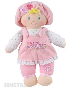 Every baby girl would love the cutest little doll from GUND, 'My First Dolly'. Wearing a pink pinafore and bonnet on her blonde hair, this beautiful dolly is the sweetest first dolly for babies.