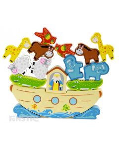Balance the animals on Noah's Ark with this fun wood balancing game featuring the elephant, giraffe, sheep, horse and parrot.