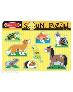 Hear the sounds of pets with this fun sound jigsaw puzzle from Melissa & Doug, featuring a horse, cat, fish, frog, dog, bird, mouse and guinea pig.