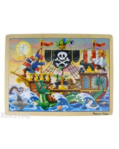 Learn and play with the Melissa & Doug puzzle featuring an adventure scene of pirates on a pirate ship, surrounded by a sea dragon, shark and octopus.