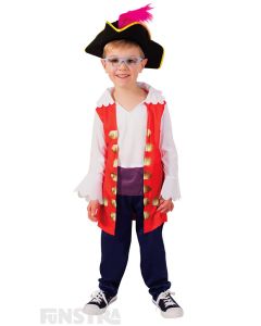 Dress up as the Captain Feathersword the friendly pirate captain who owns The S.S Feathersword, wearing a red vest, white shirt, black pants and pirate hat.