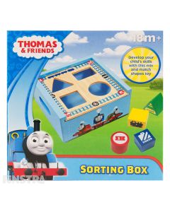 Learn colors and shapes with the Thomas the Tank Engine wooden shape sorting toy box featuring red, blue, green and yellow building blocks in the shape of a circle, square, triangle and rectangle.