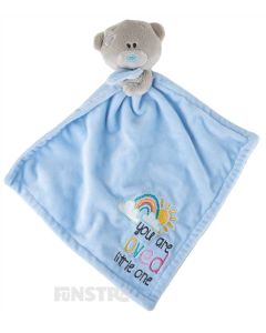 Gorgeous blue comforter blanket featuring Me To You's Tiny Tatty Teddy with sweet embroidery that says, "you are loved little one".
