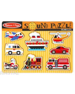 Hear the sounds of vehicles with this fun sound jigsaw puzzle from Melissa & Doug, featuring a plane, ship, helicopter, ambulance, car, fire engine, train and motorcycle.