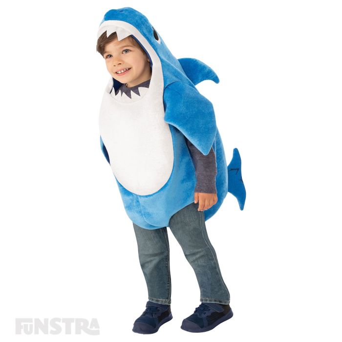 Dress up as Daddy Shark with this blue plush romper with fins of the Daddy Shark character, that features a sound chip within the costume that plays the famous Baby Shark song.