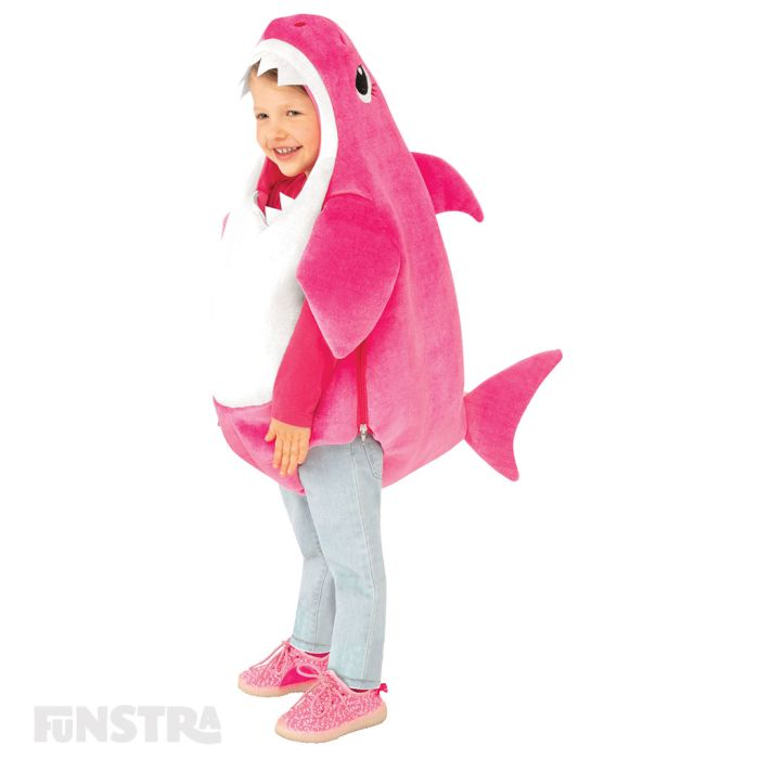 Dress up as Mummy Shark with this pink plush romper with fins of the Mummy Shark character, that features a sound chip within the costume that plays the famous Baby Shark song.