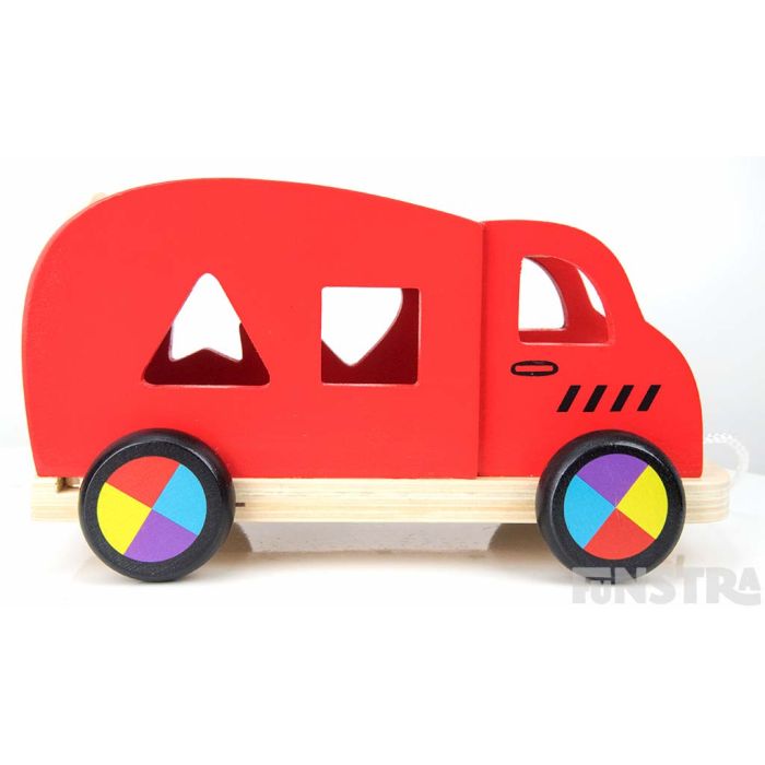 Bright and colorful wheels will turn as children pull along the big red car toy.