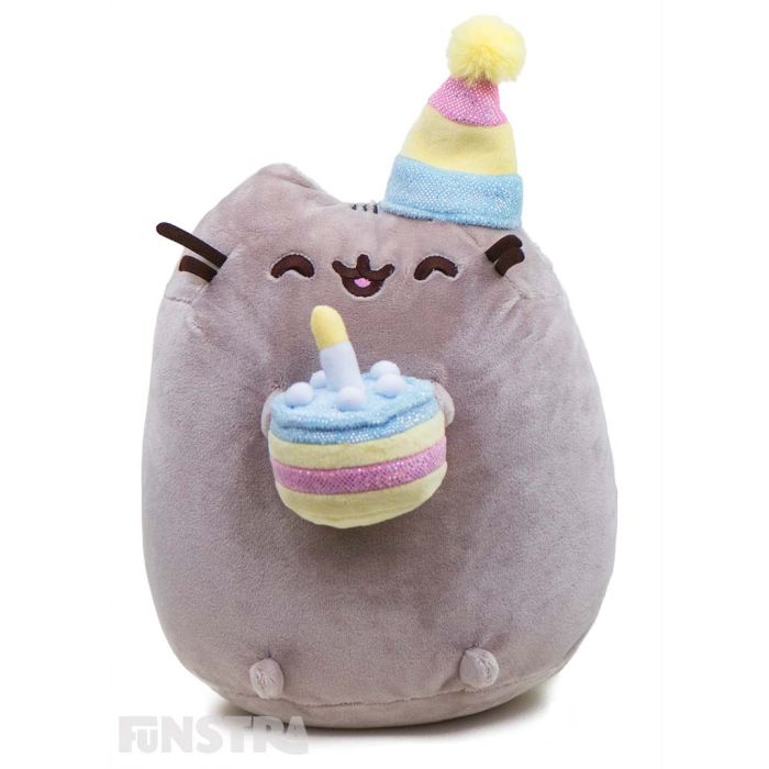 Happy Birthday! Pusheen is ready to party! Wearing her party hat and holding her birthday cake, decorated with a candle on top, Pusheen is excited and ready to celebrate everyone's birthday in kawaii style.