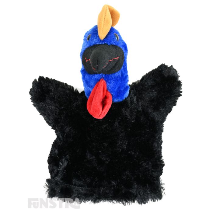 Soft and cuddly cassowary hand puppet with black and blue fur.
