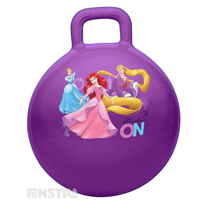 Bounce and hop around with Cinderella, Ariel from The Little Mermaid and Rapunzel from Tangled  on a bouncy purple hopper ball featuring the princesses surrounding flowers, a clock and magical kingdom castle.