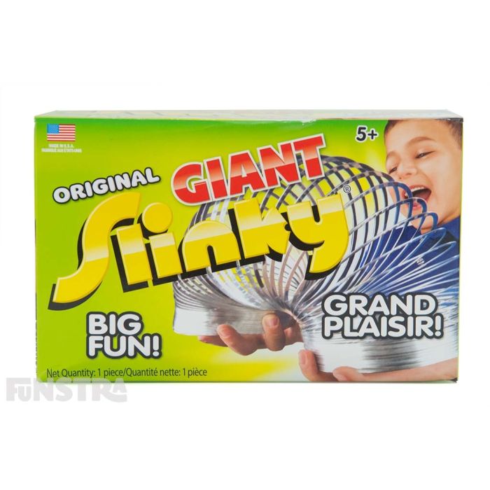The giant original metal slinky walking spring toy offers big fun for girls and boys and comes packaged in a box, making a perfect gift for children.
