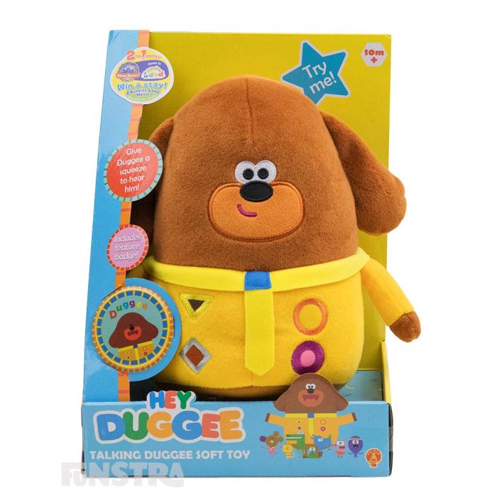 Isn't it time for a Duggee Hug? Talking Huggee Duggee is super soft and huggable, ready for lots of hugs and cuddles.
